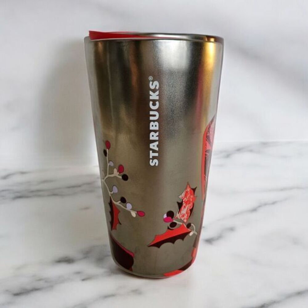 Starbucks Holiday 2023 Metallic Silver Red Holly Stainless Steel Tumbler 12oz‎
